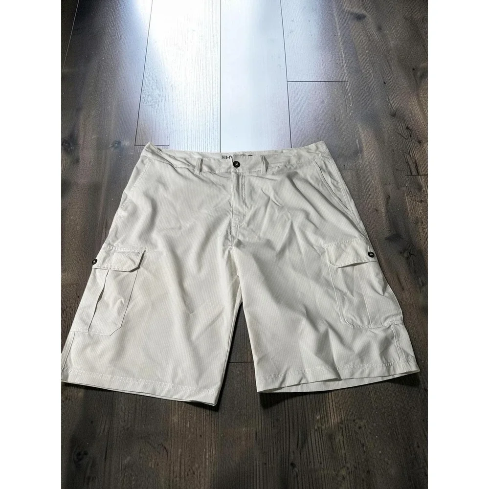 BKE Hybrid Cargo Shorts Mens 40W Cream Athletic Fit Pinstripe Stretch Casual